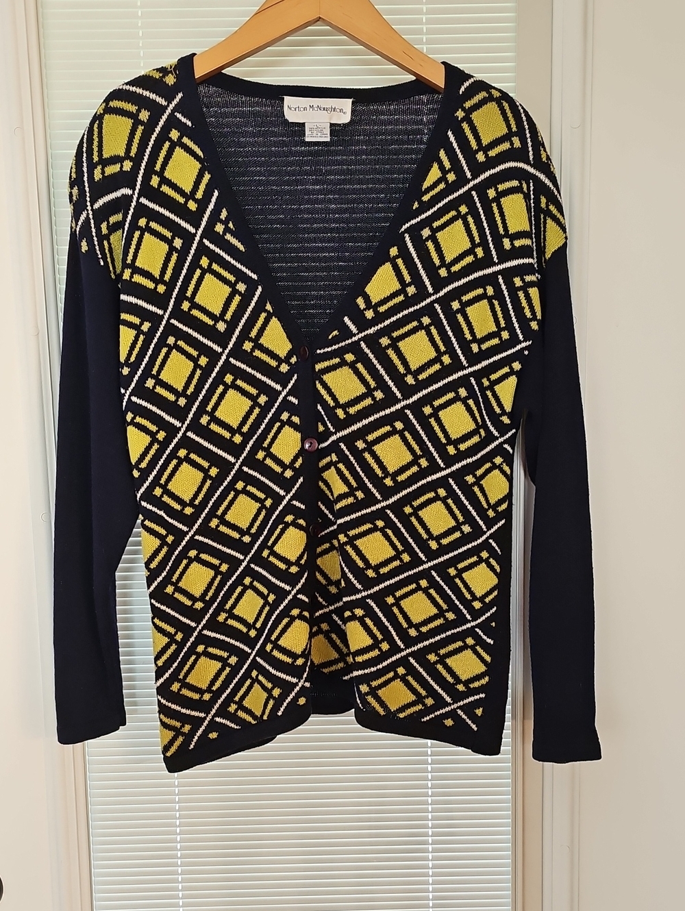 Norton McNaughton Geometric V-Neck Cardigan - Yellow & Navy